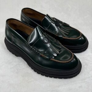 Fred Perry Dark Green Leather Chunky Lug Sole Tassel Loafers US 7 B9316/Q20 NWOB